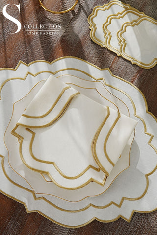 طقم مفارش سفرة - تصميم كلارا - تطريز ذهبى - قماش مقاوم للماء - ٦ اشخاص - ٢٤ قطعة - طقم كامل  