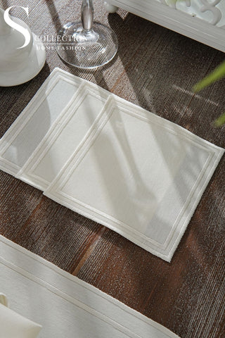 Dora Off White Pocket Design Placemat Set - Waterproof Fabric - 6 Persons - 18 Pcs. Full Set