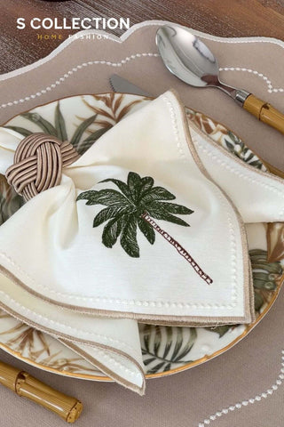Desert Bloom Design Embroidered Placemat Set - Cappuccino Colour Waterproof Fabric - 6 Persons - 18 Pcs.