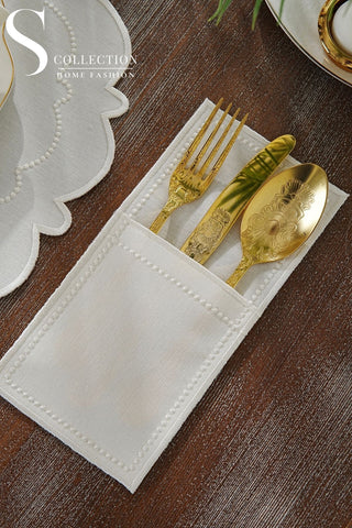 Tansy Off White  Design Placemat Set - Waterproof Fabric - 6 Persons - 24 Pcs. Full Set