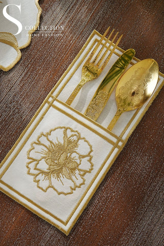 طقم مفارش سفرة - تصميم إلويس - تطريز ذهبى - قماش مقاوم للماء - ٦ اشخاص - ٢٤ قطعة - طقم كامل