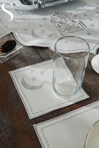 Ramadan Silver Glamorous Design Full Placemat Set - With Bread Basket Napkin and Runner - 6 Persons - 26 Pcs.