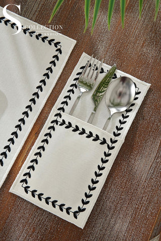 طقم مفارش سفرة - تصميم ليفى الور - مربع الشكل - تطريز اسود - قماش مقاوم للماء - ٦ اشخاص - ٢٤ قطعة - طقم كامل  