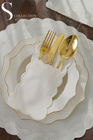 طقم مفارش سفرة - تصميم أوشن بريد - تطريز اوف وايت - قماش مقاوم للماء - ٦ اشخاص - ٢٤ قطعة - طقم كامل  