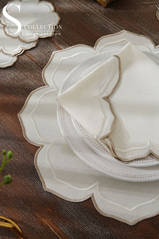 Valeria Off White and Cappuccino Design Placemat Set - Waterproof Fabric - 6 Persons - 24 Pcs. Full Set