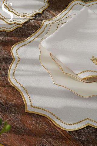 Laurel Wreath Gold Design Placemat Set - Waterproof Fabric - 6 Persons - 24 Pcs. Full Set