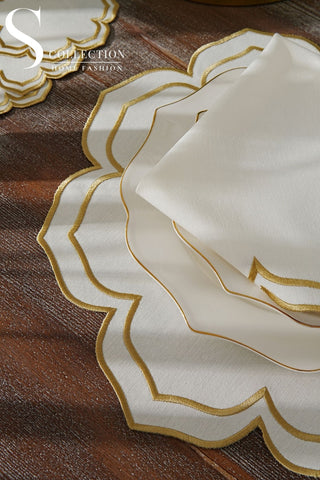 طقم مفارش سفرة - تصميم فاليرا - تطريز ذهبى - قماش مقاوم للماء - ٦ اشخاص - ٢٤ قطعة - طقم كامل  