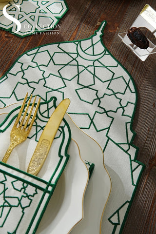 Ramadan Dome Design Green and Off White Placemat Set - Waterproof Fabric - 6 Persons - 24 Pcs. Full Set