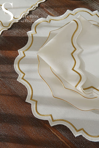 Camila Gold and Off White Design Placemat Set - Waterproof Fabric - 6 Persons - 24 Pcs. Full Set