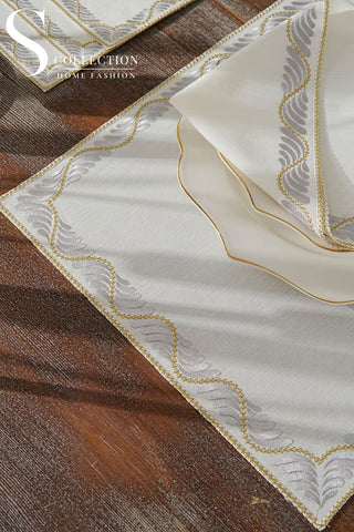 طقم مفارش سفرة - تصميم أوشن - تطريز فضى وذهبى - قماش مقاوم للماء - ٦ اشخاص - ٢٤ قطعة - طقم كامل  