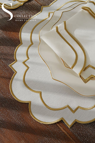 طقم مفارش سفرة - تصميم كلارا - تطريز ذهبى - قماش مقاوم للماء - ٦ اشخاص - ٢٤ قطعة - طقم كامل  