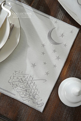 Ramadan Design Silver Stellar Serenity Full Placemat Set - With Bread Basket Napkin and Runner - 6 Persons - 26 Pcs.
