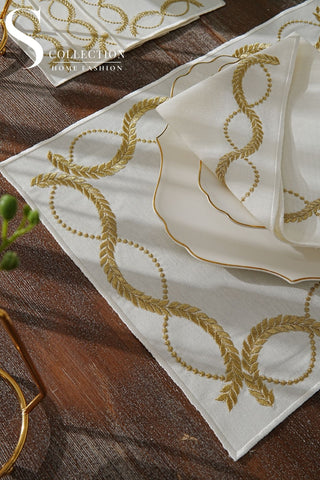 Olive Branch Gold Design Placemat Set - Waterproof Fabric - 6 Persons - 24 Pcs. Full Set
