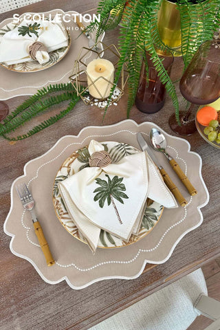 Desert Bloom Design Embroidered Placemat Set - Cappuccino Colour Waterproof Fabric - 6 Persons - 18 Pcs.