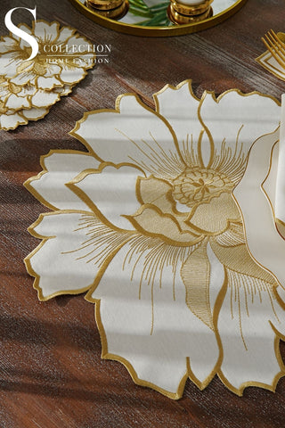 طقم مفارش سفرة - تصميم إلويس - تطريز ذهبى - قماش مقاوم للماء - ٦ اشخاص - ٢٤ قطعة - طقم كامل