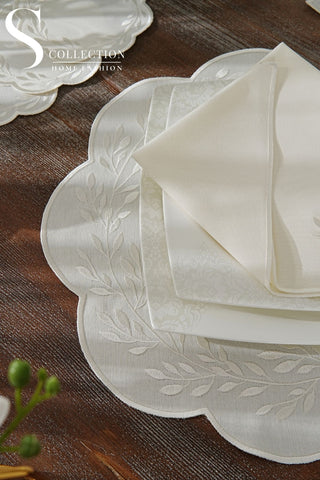 طقم مفارش سفرة - تصميم شانتال - تطريز اوف وايت - قماش مقاوم للماء - ٦ اشخاص - ٢٤ قطعة - طقم كامل  