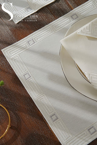 Tuscan Off White and Silver Design Placemat Set - 6 Persons - Waterproof Fabric - 24 Pcs. Full Set