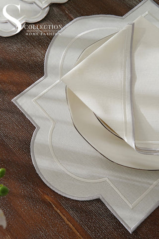 طقم مفارش سفرة - تصميم ميلان - تطريز فضى واوف وايت - قماش مقاوم للماء - ٦ اشخاص - ٢٤ قطعة - طقم كامل 