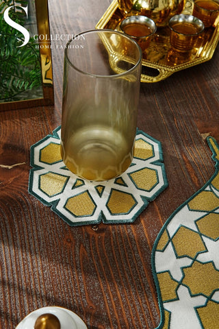Ramadan Dome Design Green and Gold Placemat Set - Waterproof Fabric - 6 Persons - 24 Pcs. Full Set