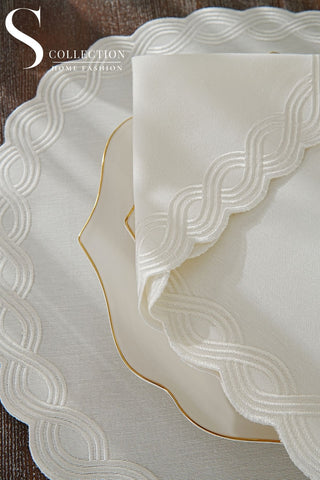 طقم مفارش سفرة - تصميم أوشن بريد - تطريز اوف وايت - قماش مقاوم للماء - ٦ اشخاص - ٢٤ قطعة - طقم كامل  