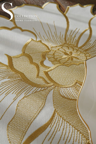 طقم مفارش سفرة - تصميم إلويس - تطريز ذهبى - قماش مقاوم للماء - ٦ اشخاص - ٢٤ قطعة - طقم كامل