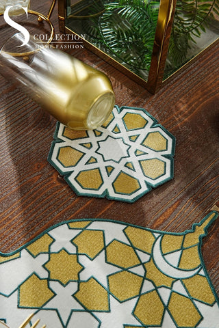 Ramadan Dome Design Green and Gold Placemat Set - Waterproof Fabric - 6 Persons - 24 Pcs. Full Set