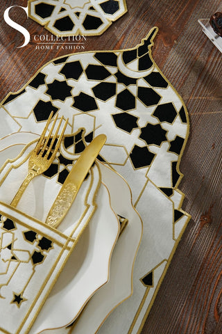 طقم مفارش سفرة - تصميم قبة رمضان - تطريز اسود وذهبى -  قماش مقاوم للماء -  ٦ أشخاص -  ٢٤  قطعة - طقم كامل