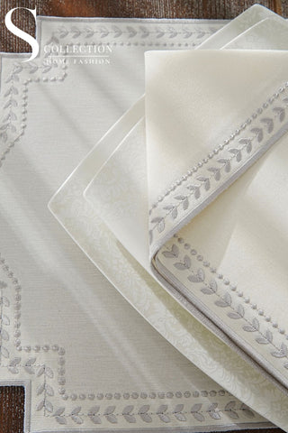 طقم مفارش سفرة - تصميم دونا - تطريز فضى - قماش مقاوم للماء - ٦ اشخاص - ٢٤ قطعة - طقم كامل  