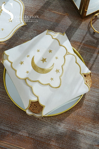 Ramadan Gold Glamorous Design Full Placemat Set - With Bread Basket Napkin and Runner - 6 Persons - 26 Pcs.