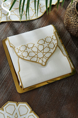 Ramadan Dome Design Gold and Off White Full Placemat Set - With Bread Basket Napkin and Runner - 6 Persons - 26 Pcs.