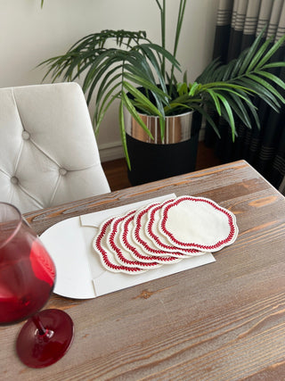 طقم قواعد اكواب ( كوستر ) - تصميم  ليفى الور - قماش مقاوم للماء - تطريز احمر 