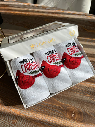 طقم مناشف مطرز فاخر - تصميم طائر الكريسماس - تطريز متعدد الألوان  