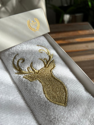 Christmas Gold Deer Design Gift Towel Set - Gold Embroidered