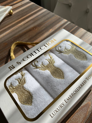 Christmas Gold Deer Design Gift Towel Set - Gold Embroidered