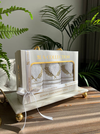 Laurel Wreath Design Gift Towel Set - Gold and Silver Embroidered