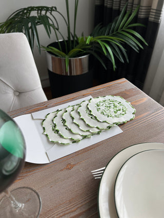 طقم قواعد أكواب ( كوستر ) - تصميم بوكيه - قماش مقاوم للماء - تطريز أخضر