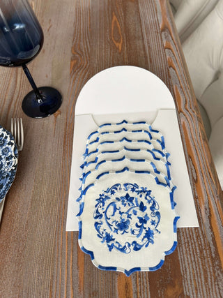 طقم قواعد اكواب ( كوستر ) - تصميم بوكيه - قماش مقاوم للماء - تطريز أزرق داكن