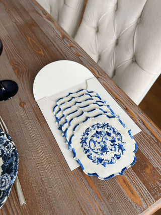 طقم قواعد اكواب ( كوستر ) - تصميم بوكيه - قماش مقاوم للماء - تطريز أزرق داكن