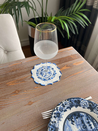 طقم قواعد اكواب ( كوستر ) - تصميم بوكيه - قماش مقاوم للماء - تطريز أزرق داكن