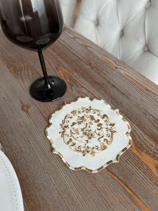 طقم قواعد اكواب ( كوستر ) - تصميم بوكيه - قماش مقاوم للماء - تطريز بنى