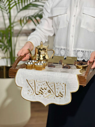 مفرش صينية - تصميم اهلا وسهلا - قماش كتان ١٠٠ % - تطريز ذهبى