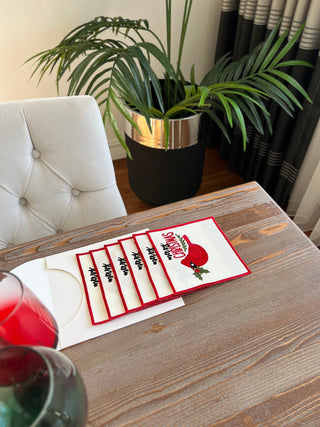 طقم قواعد اكواب ( كوستر ) - تصميم طائر الكريسماس - قماش مقاوم للماء - تطريز متعدد الالوان 